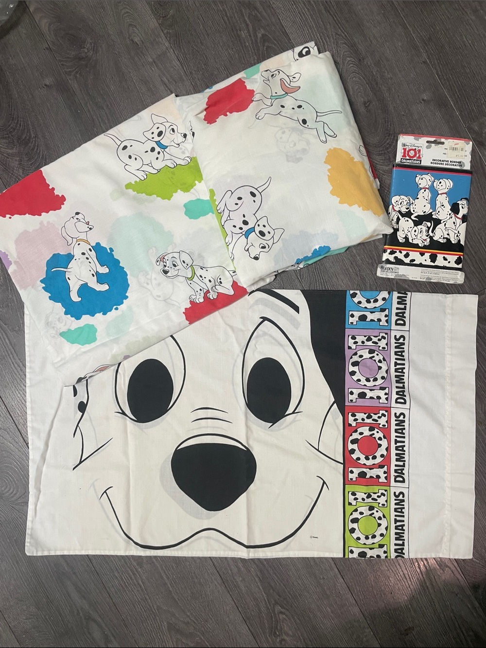 VINTAGE Disney 101 Dalmatian’s border, pillow case ,Twin Flat & Fitted Sheet set